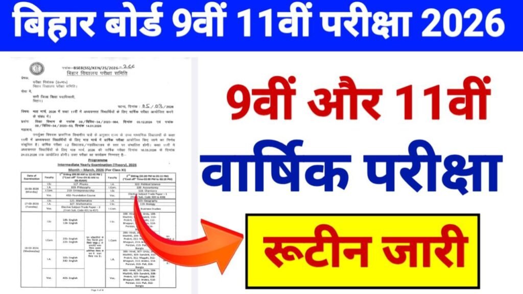 Bihar Board 9th 11th Annual Exam 2026 Time Table