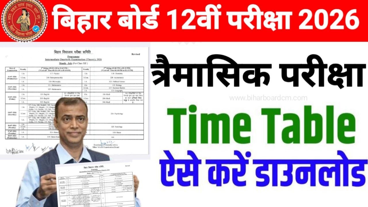 Bihar Board 12th Quarterly Exam 2026 Time Table
